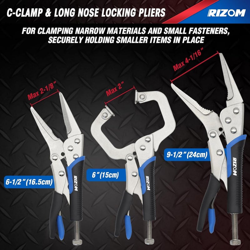 Rizom Vice Grips Pliers Set, 6-Piece Locking Pliers Set, 6-1/2”, 9-1/2” Needle Nose Vice Grips, 5”, 7” and 10” Curved Jaw Vise Grip, 6” C-clamp Locking Pliers, Fast Release with Rolling Pouch - Image 4